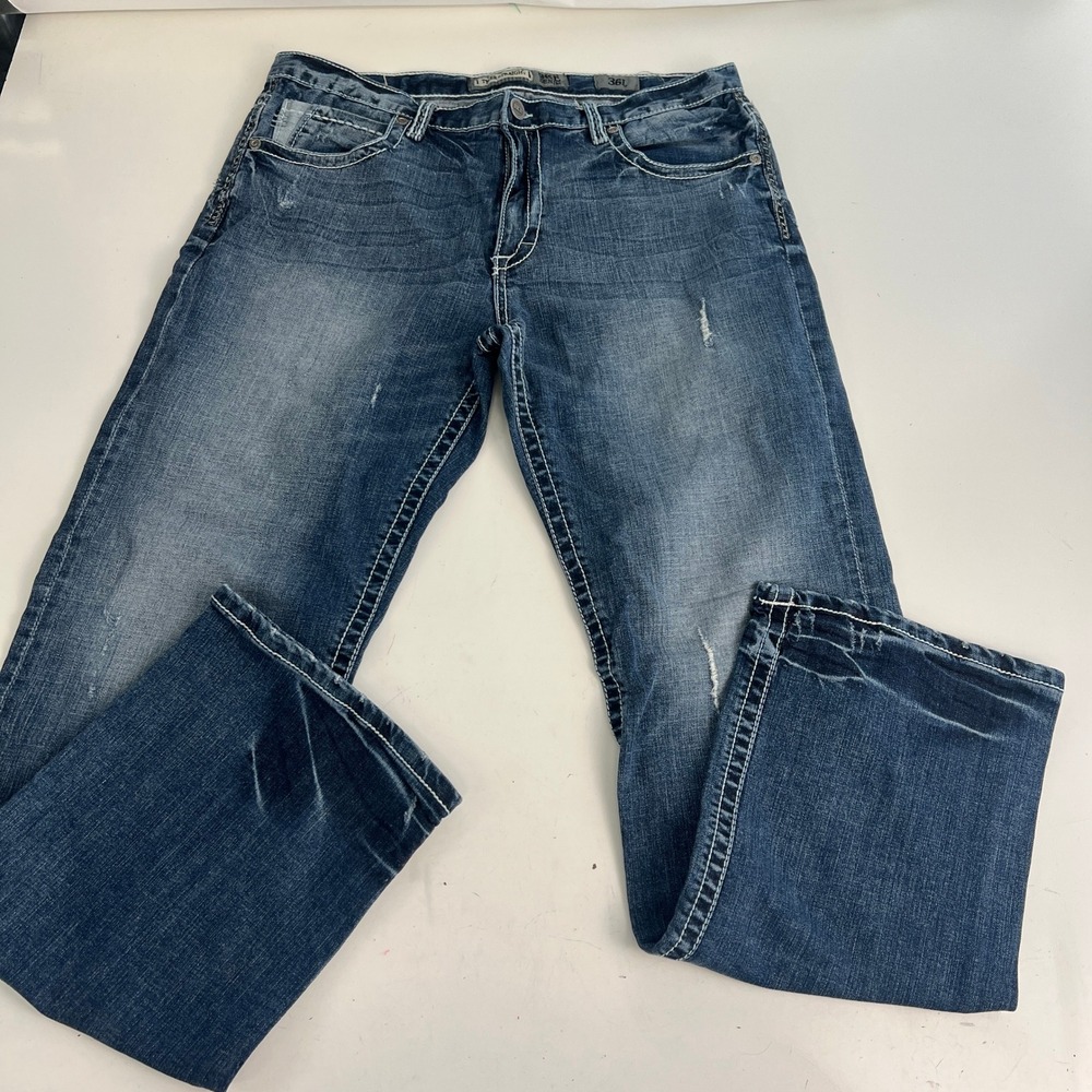 BKE Tyler Straight Mens Jeans 36L Medium Wash Heavy Stitch Distressed Blue